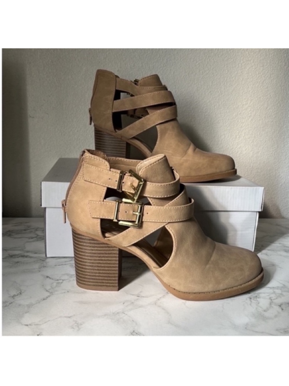 SODA Women's Tan Cutout Strap Block Heel Ankle Bootie